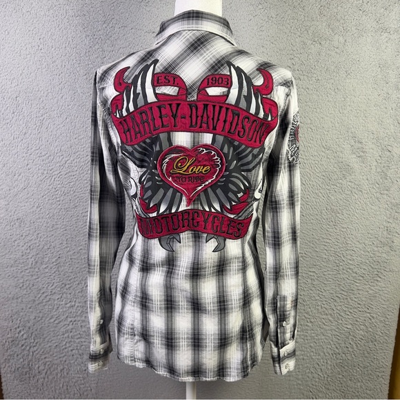 Harley-Davidson Tops - Harley Davison Shirt Womens Small Multicolor Plaid Button Embroidered Heart Y2K